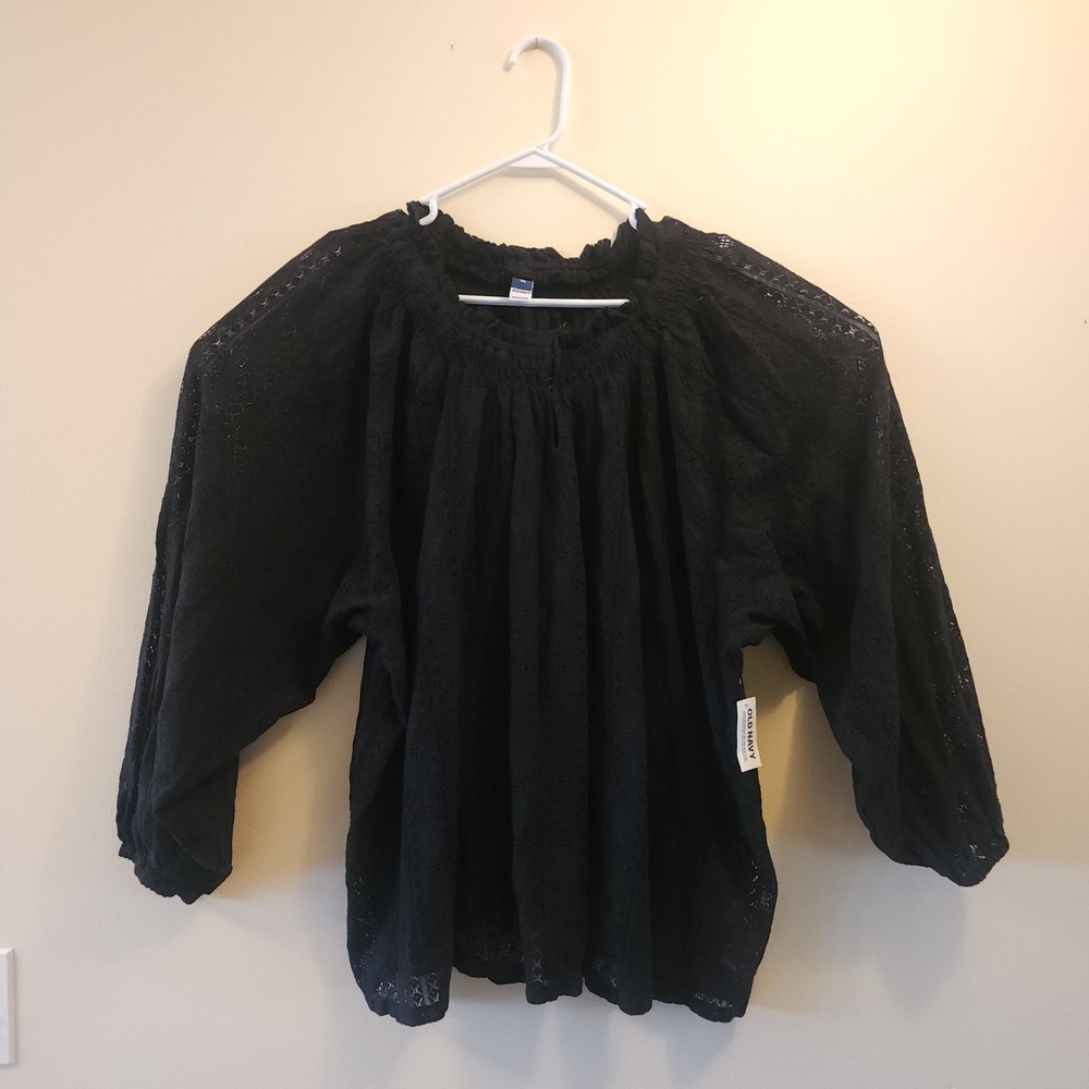 Old Navy Eyelet Lace Blouse Womens XL Black Smocked Ruffle Boho Peasant Top NWT